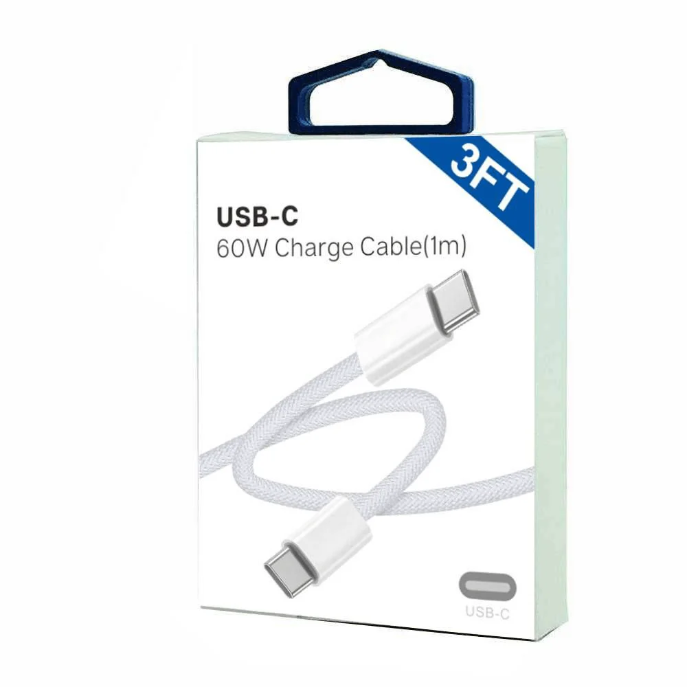 Braided Type-C to Type C 60W Quick Charge Cable 3FT (white)
